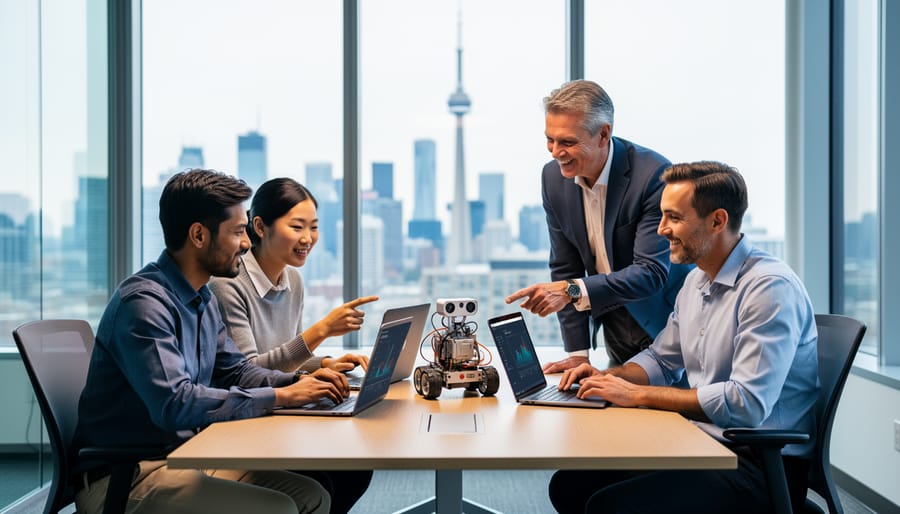 Diverse professionals collaborate around laptops and a small robotics prototype in a modern office, with the Toronto skyline and CN Tower visible through large windows under soft natural daylight.