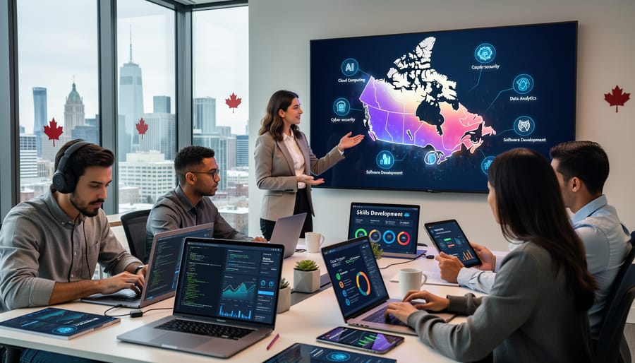 Professional working in modern digital workspace with multiple computer monitors