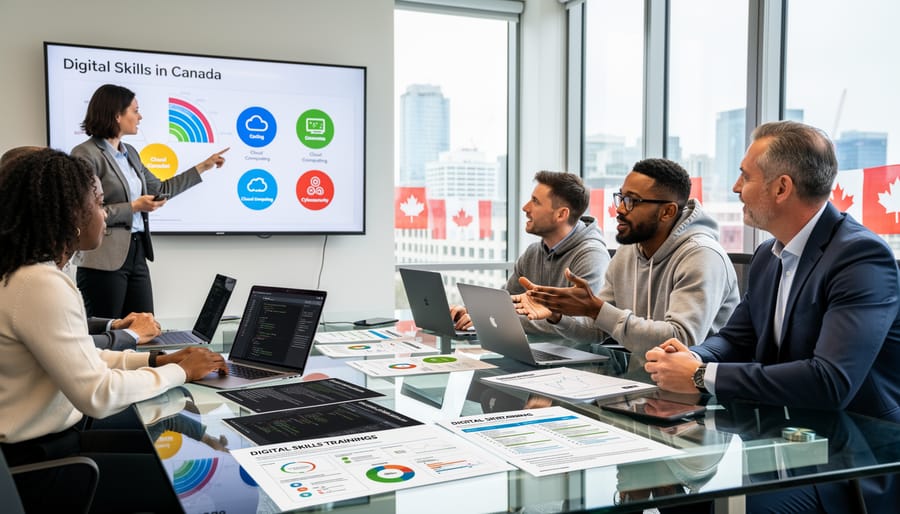Diverse professionals collaborating on digital technology project in modern office