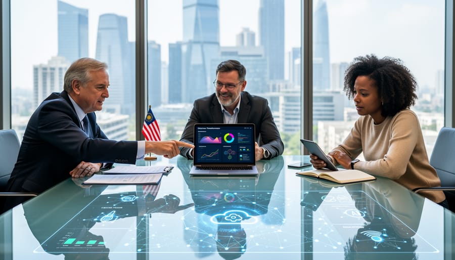 Business professionals shaking hands in modern office representing partnership collaboration