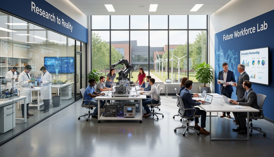 Research laboratory with students and faculty working on digital technology projects