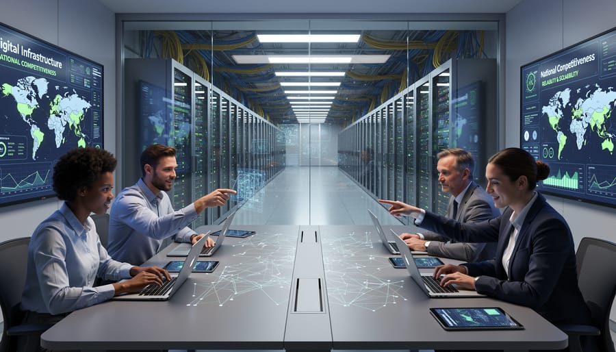 Technician connecting fiber-optic hardware in a data center aisle with server racks in the background
