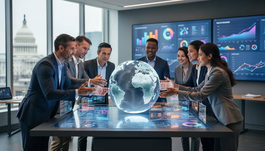 Professionals collaborating around an abstract holographic globe and digital workbench in a modern economic policy studio.