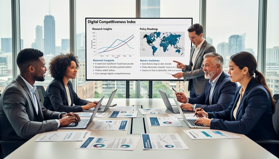 Policy advisors and analysts reviewing reports around a conference table with laptops showing no visible text