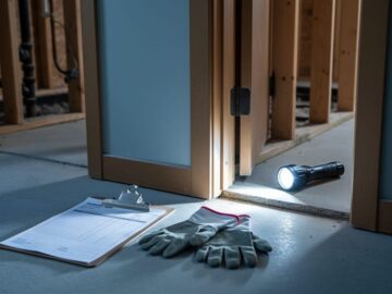 An inspector’s flashlight illuminates a corner of an older home interior while a clipboard with blank pages and protective gloves suggest an asbestos survey before listing.