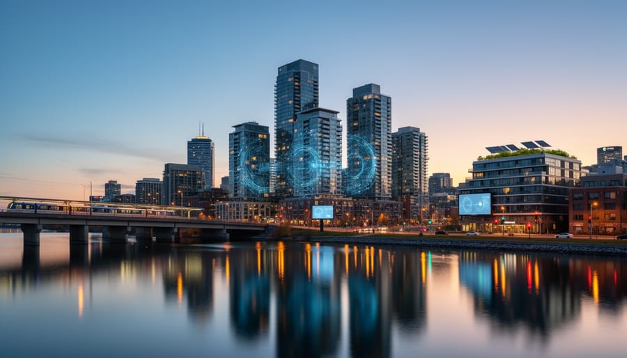 Canadian city skyline at dusk with illuminated roads and vehicle light trails.