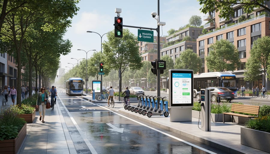 Sustainable city street with bus lane, charging infrastructure, and nearby environmental sensor post near trees.