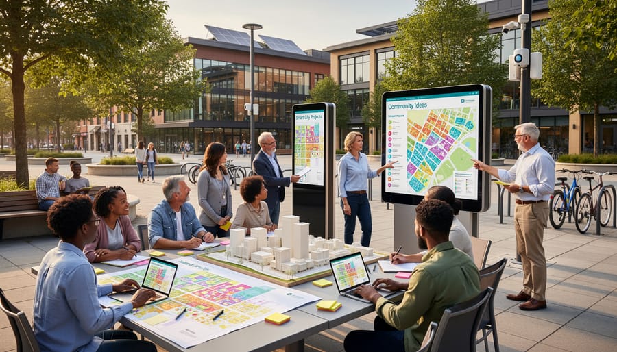 Residents and city staff collaborating in a community innovation space with an abstract display