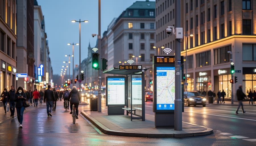Pedestrian walks past a glowing smart streetlight and smart kiosk in a modern downtown street at dusk