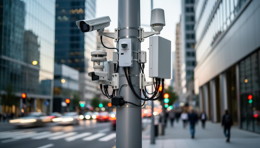 Close-up of an IoT sensor on a utility pole near surveillance-style camera equipment