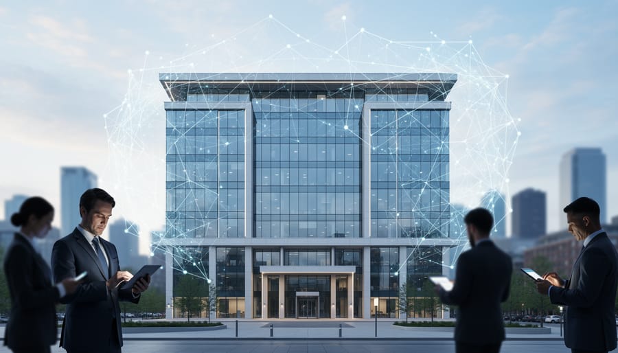 A modern Canadian government building with a glowing holographic network grid above it, while professionals in the foreground use tablets against a blurred city skyline.