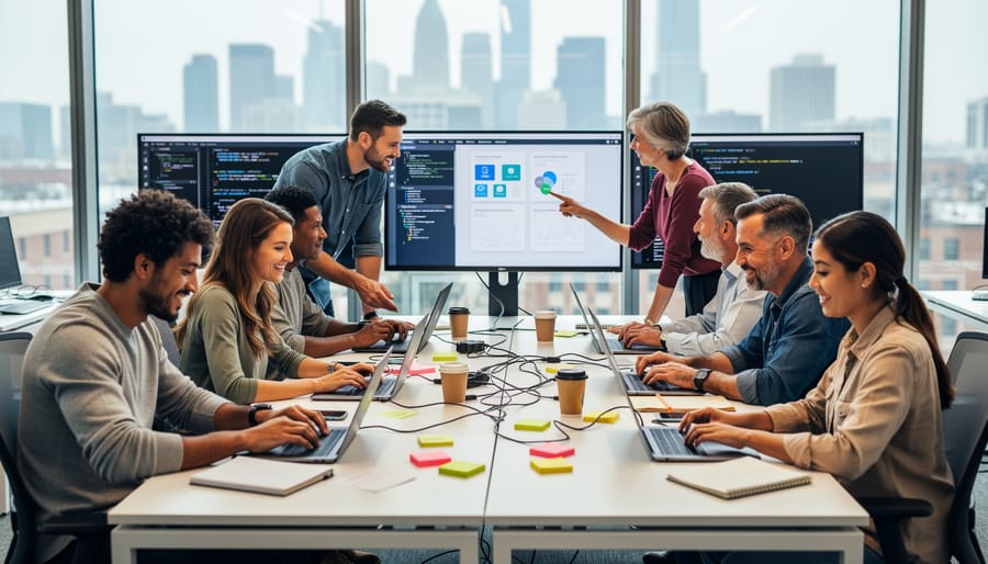 Diverse group of people collaborating in a tech training lab with laptops and printed materials on desks.