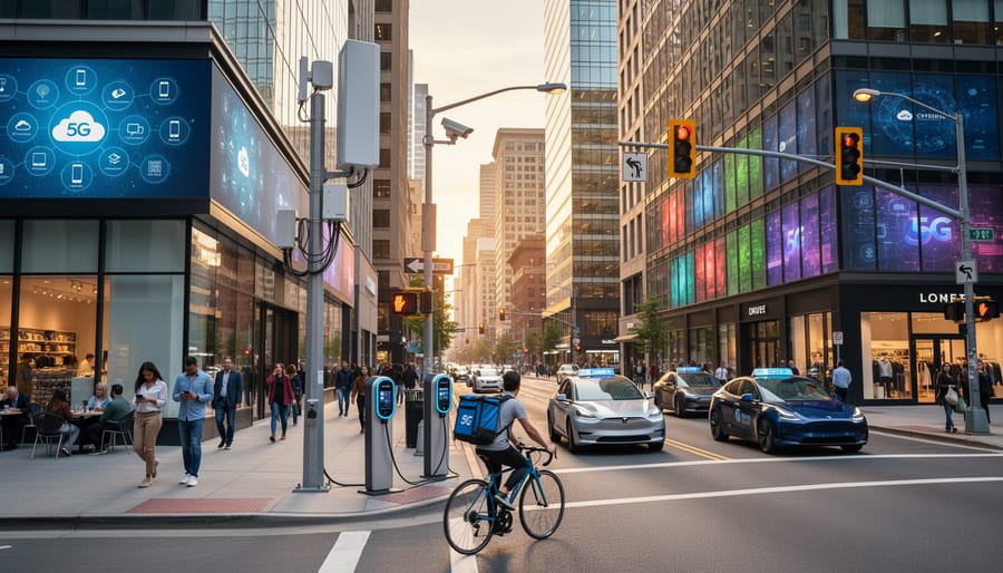 Urban street with modern Canadian buildings suggesting a connected digital infrastructure through light bokeh.