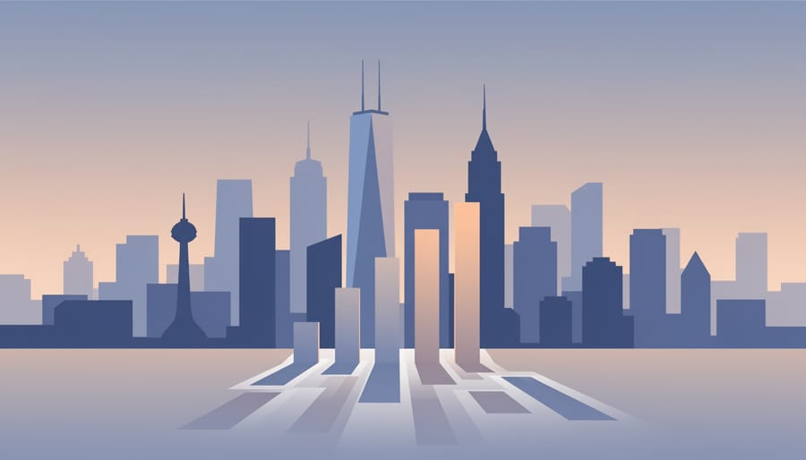 Modern city skyline at dusk with reflections in dark water