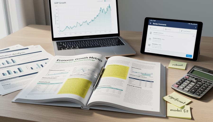 Open economics journal on a wooden desk next to a calculator and glasses