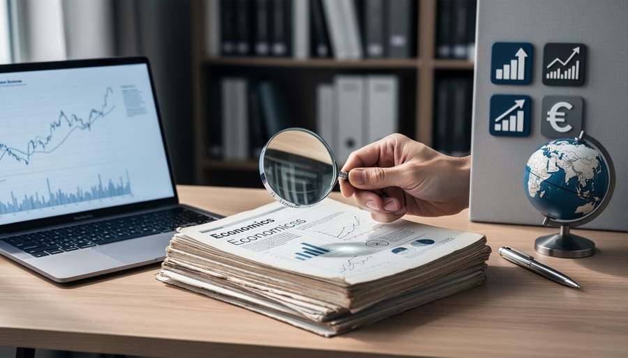 Hands examining peer-reviewed economics journals on a research desk with a laptop showing abstract charts and a globe in the background.