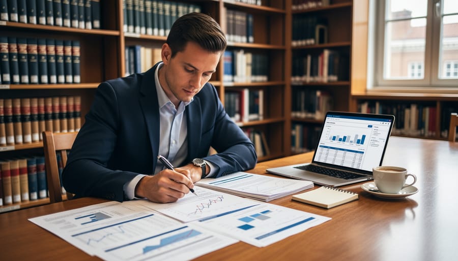 Researcher reviewing printed economic reports at a library table