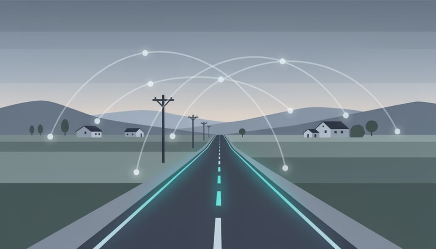 Rural roadside with utility poles and subtle cyan network glow suggesting expanded high-speed connectivity.