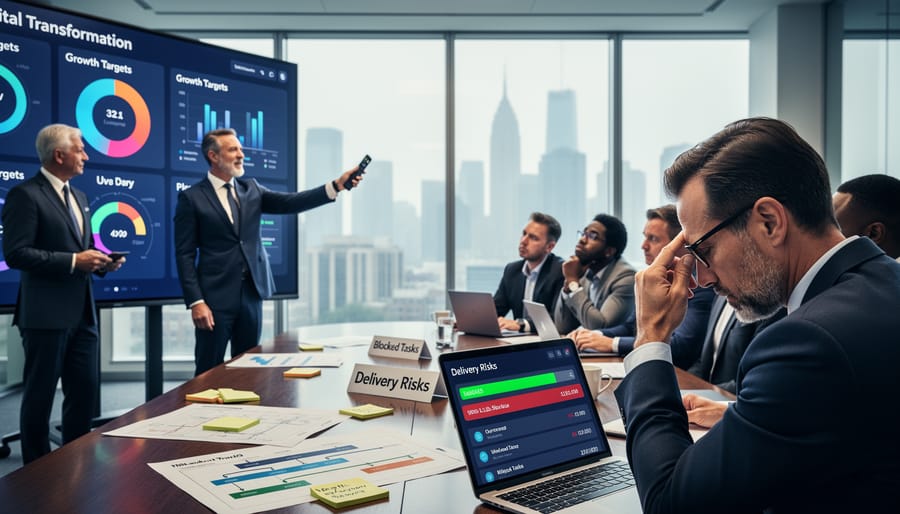 Executive pointing during a tense boardroom discussion while others look concerned, suggesting misalignment between strategy and execution.